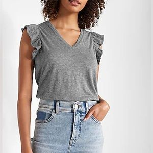 Express Ruffle Sleeve V-Neck Tee, Heather Gray